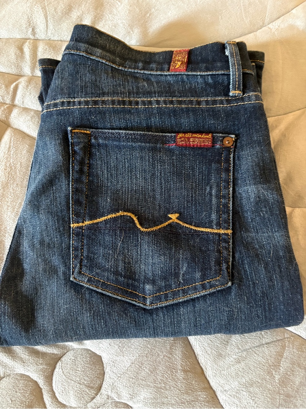 7 For All Mankind Dark Indigo Jeans with Yellow Stitching and Red Tags